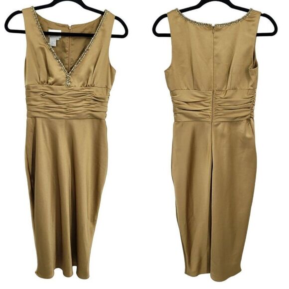 Vintage Donna Morgan Cocktail Dress 4 Gold Satin Aline Jeweled V-neck Ruched Wai - Picture 1 of 11
